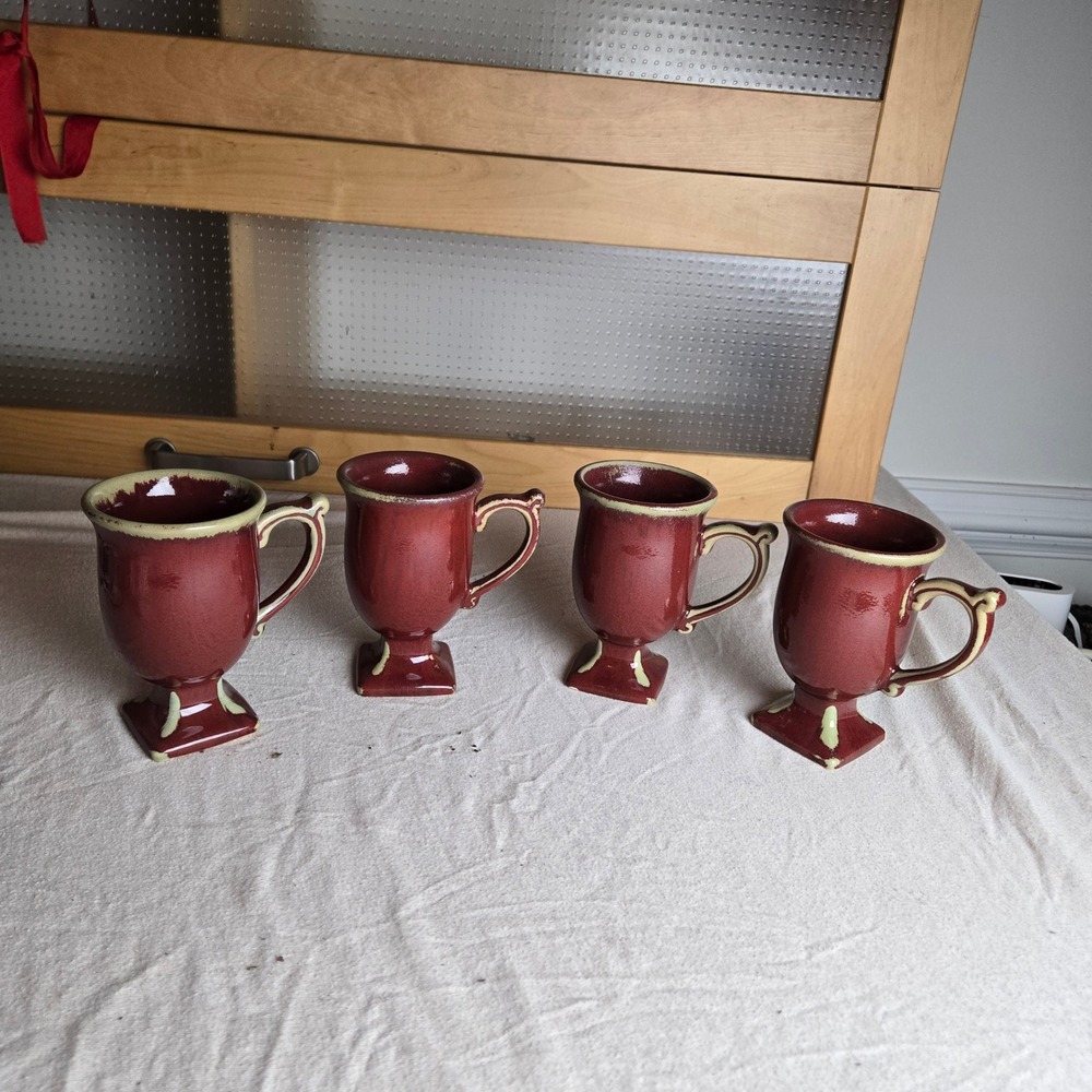 Bombay Pedestal Mugs Set of 4 Oxblood Red Stoneware Vintage Style